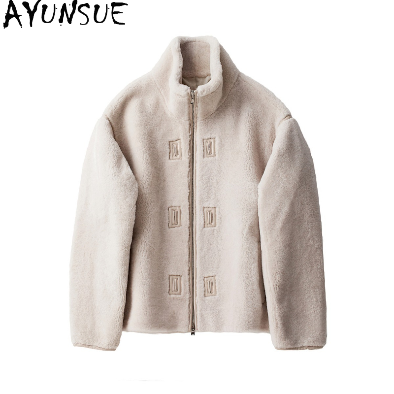 Men'S Fashion Zipper Jacket - Ayunsue natural merino ovelha shearling jaqueta